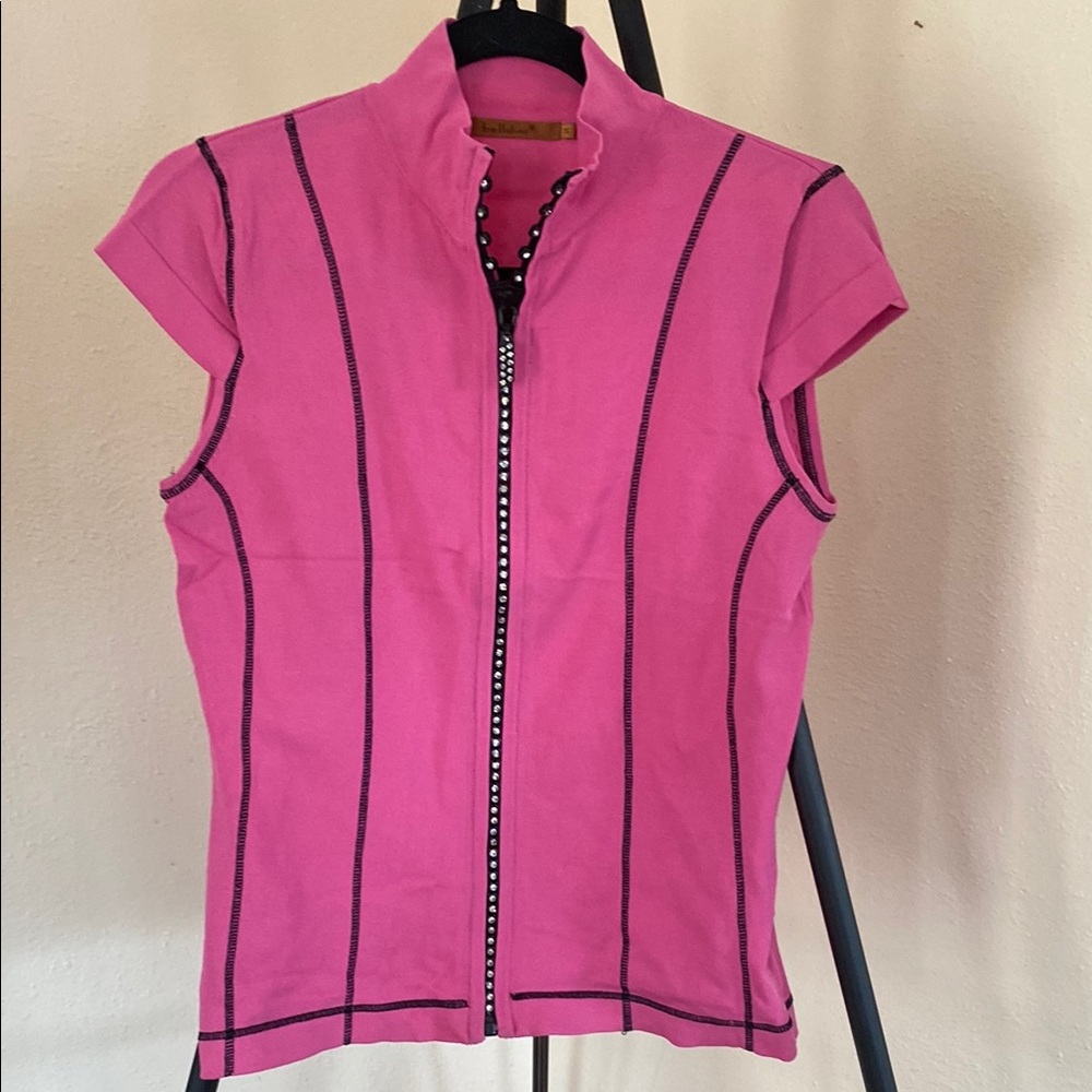 Belldini Pink and Black Fitted Zippered Blouse with Mandarin Collar